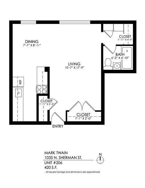 Floor plan for studio, 1 bath, 425 sqft